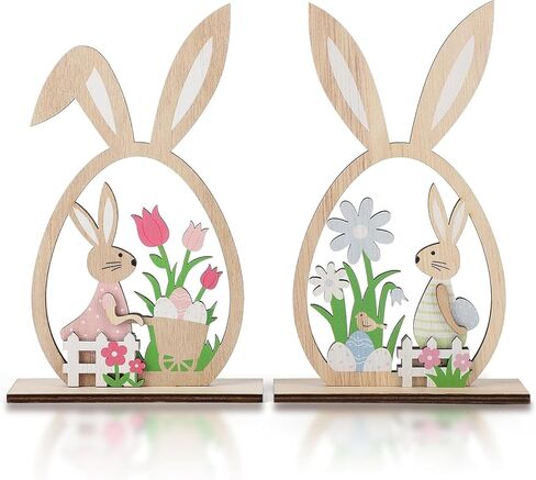قطعتان من ديكورات طاولة عيد الفصح للمنزل الريفي، قطعة مركزية على شكل بيضة أرنب خشبية مع زهور التيوليب والبيض، لافتة سطح الطاولة الربيعية لديكورات عيد الفصح الداخلية للمنزل، وحفلات عيد الفصح وديكور المنزل in Kuwait