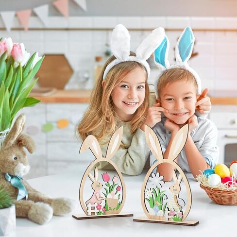 قطعتان من ديكورات طاولة عيد الفصح للمنزل الريفي، قطعة مركزية على شكل بيضة أرنب خشبية مع زهور التيوليب والبيض، لافتة سطح الطاولة الربيعية لديكورات عيد الفصح الداخلية للمنزل، وحفلات عيد الفصح وديكور المنزل in Kuwait