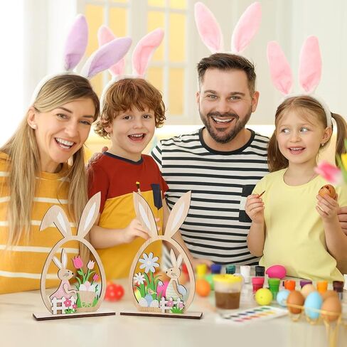 قطعتان من ديكورات طاولة عيد الفصح للمنزل الريفي، قطعة مركزية على شكل بيضة أرنب خشبية مع زهور التيوليب والبيض، لافتة سطح الطاولة الربيعية لديكورات عيد الفصح الداخلية للمنزل، وحفلات عيد الفصح وديكور المنزل in Kuwait