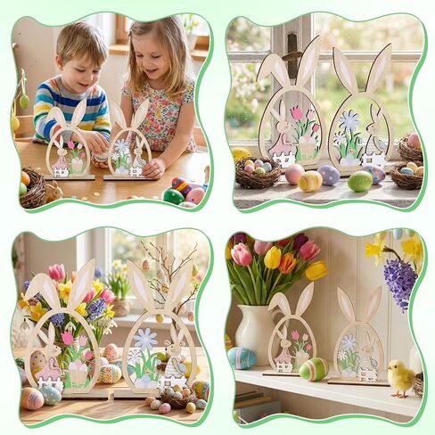 قطعتان من ديكورات طاولة عيد الفصح للمنزل الريفي، قطعة مركزية على شكل بيضة أرنب خشبية مع زهور التيوليب والبيض، لافتة سطح الطاولة الربيعية لديكورات عيد الفصح الداخلية للمنزل، وحفلات عيد الفصح وديكور المنزل in Kuwait