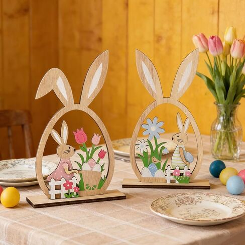 قطعتان من ديكورات طاولة عيد الفصح للمنزل الريفي، قطعة مركزية على شكل بيضة أرنب خشبية مع زهور التيوليب والبيض، لافتة سطح الطاولة الربيعية لديكورات عيد الفصح الداخلية للمنزل، وحفلات عيد الفصح وديكور المنزل in Kuwait