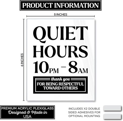 Premium Acrylic Quiet Hours Sign, 5x6 Quiet Hours 10pm to 8am Sign, Rule Signs for Neighborhoods Schools, Compatible with Airbnb Essentials for Hosts, Air bnb Signs, Rental Rules, USA Made in Saudi Arabia