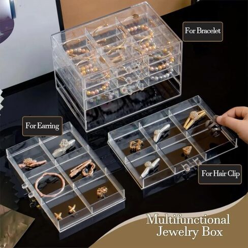 منظم القرط، صندوق قرط أكريليك كبير مكون من 30 حجرة لمنظمات المجوهرات والتخزين مع 5 أدراج قابلة للتكديس وصناديق تخزين أساور القرط للنساء (شفاف) in Kuwait