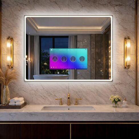 39×20 Inch Smart Vanity Bathroom Mirror with 21.5" Waterproof Touchscreen TV, Android OS, WiFi/Bluetooth/HDMI, Anti-Fog, 3-Color LED Lights for Bathroom,Bedroom,Hotel&Spa Wall Mounted in Saudi Arabia
