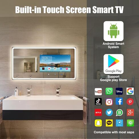 39×20 Inch Smart Vanity Bathroom Mirror with 21.5" Waterproof Touchscreen TV, Android OS, WiFi/Bluetooth/HDMI, Anti-Fog, 3-Color LED Lights for Bathroom,Bedroom,Hotel&Spa Wall Mounted in Saudi Arabia