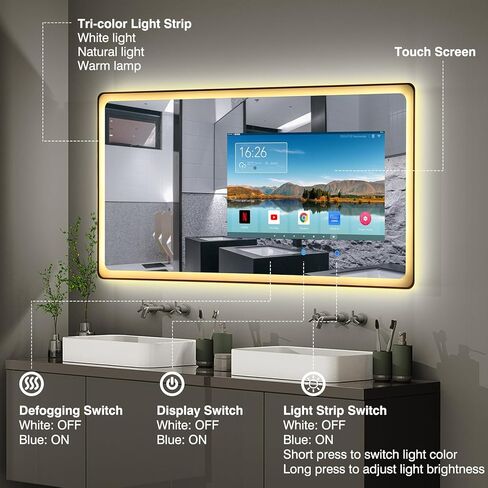 39×20 Inch Smart Vanity Bathroom Mirror with 21.5" Waterproof Touchscreen TV, Android OS, WiFi/Bluetooth/HDMI, Anti-Fog, 3-Color LED Lights for Bathroom,Bedroom,Hotel&Spa Wall Mounted in Saudi Arabia