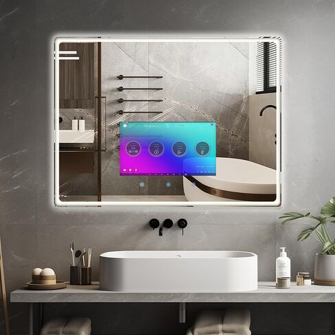 39×20 Inch Smart Vanity Bathroom Mirror with 21.5" Waterproof Touchscreen TV, Android OS, WiFi/Bluetooth/HDMI, Anti-Fog, 3-Color LED Lights for Bathroom,Bedroom,Hotel&Spa Wall Mounted in Saudi Arabia