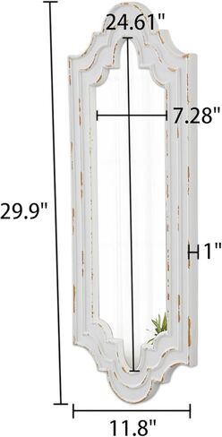 Farmhouse Decorative Narrow Mirrors for Wall Decor 12 x 30 Inch, Hanging Distressed White Wood Framed Scalloped Rustic Long Mirror for Living Room Entryway Hallway, Horizontal or Vertical in Saudi Arabia