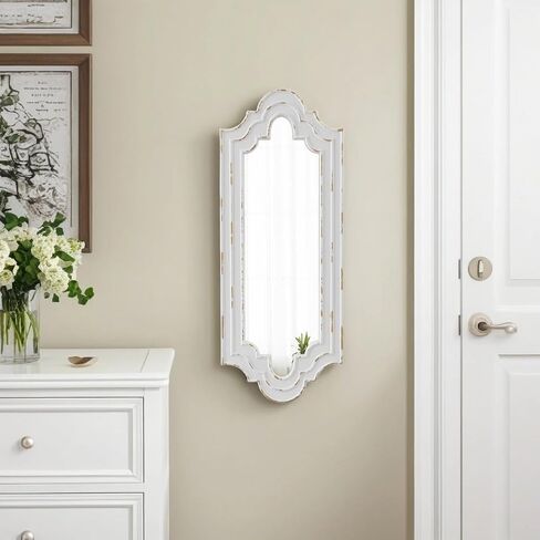 Farmhouse Decorative Narrow Mirrors for Wall Decor 12 x 30 Inch, Hanging Distressed White Wood Framed Scalloped Rustic Long Mirror for Living Room Entryway Hallway, Horizontal or Vertical in Saudi Arabia