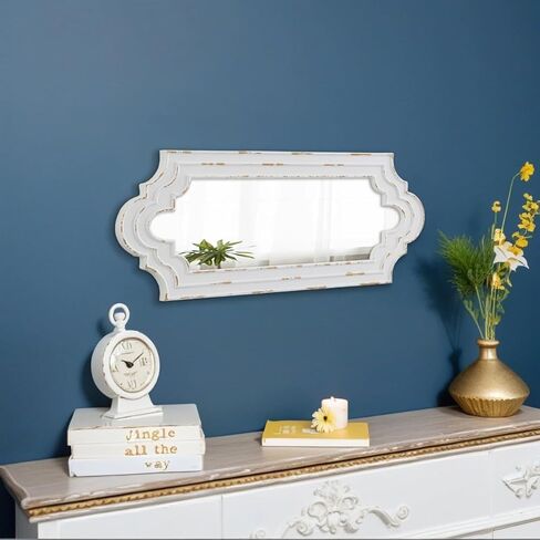 Farmhouse Decorative Narrow Mirrors for Wall Decor 12 x 30 Inch, Hanging Distressed White Wood Framed Scalloped Rustic Long Mirror for Living Room Entryway Hallway, Horizontal or Vertical in Saudi Arabia