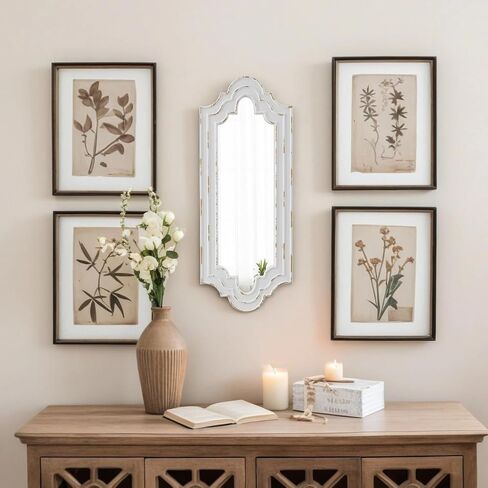 Farmhouse Decorative Narrow Mirrors for Wall Decor 12 x 30 Inch, Hanging Distressed White Wood Framed Scalloped Rustic Long Mirror for Living Room Entryway Hallway, Horizontal or Vertical in Saudi Arabia