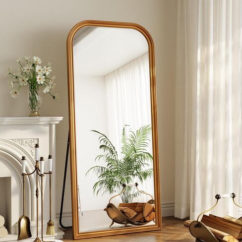 32"×71" Rounded Top Large Full Length Mirror, Arched Vintage Floor Stangding Body Mirror - PU Frame, Wall Mounted Hanging Leaning Antique Decor for Dressing Room, Entryway, Bedroom, Gold in Kuwait