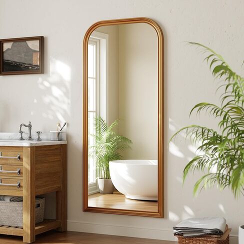 32"×71" Rounded Top Large Full Length Mirror, Arched Vintage Floor Stangding Body Mirror - PU Frame, Wall Mounted Hanging Leaning Antique Decor for Dressing Room, Entryway, Bedroom, Gold in Kuwait