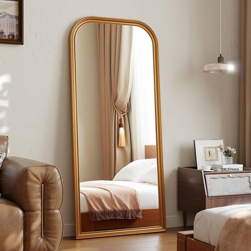 32"×71" Rounded Top Large Full Length Mirror, Arched Vintage Floor Stangding Body Mirror - PU Frame, Wall Mounted Hanging Leaning Antique Decor for Dressing Room, Entryway, Bedroom, Gold in Kuwait