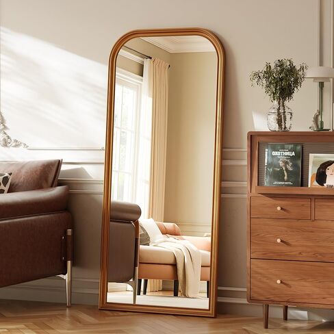 32"×71" Rounded Top Large Full Length Mirror, Arched Vintage Floor Stangding Body Mirror - PU Frame, Wall Mounted Hanging Leaning Antique Decor for Dressing Room, Entryway, Bedroom, Gold in Kuwait