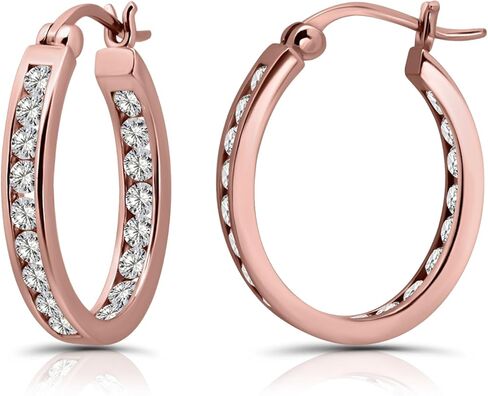 Hoops & Loops 925 Sterling Silver Cubic Zirconia Channel-Set Inside-Out Oval Click-Top Hoop Earrings for Women, Silver, Yellow Gold & Rose Gold Flash Plated in Saudi Arabia