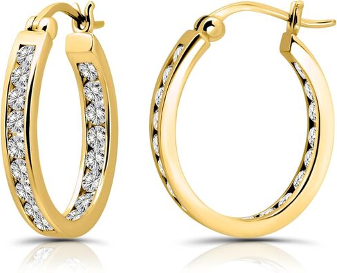 Hoops & Loops 925 Sterling Silver Cubic Zirconia Channel-Set Inside-Out Oval Click-Top Hoop Earrings for Women, Silver, Yellow Gold & Rose Gold Flash Plated in Saudi Arabia