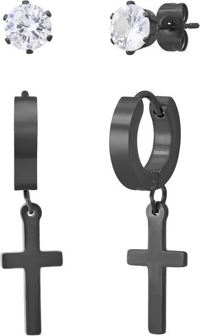 Cross Hoop & Stud Earring Set for Men and Women Stainless Steel Dangle Cross Hoops with Round CZ Studs, Hypoallergenic Jewelry Set, Available in Silver, 18K Gold Plated & Black in Saudi Arabia