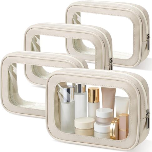 Abbylike 4 Pcs Clear Makeup Bag PU Leather Tsa Approved Toiletry Bag with Zipper Transparent Cosmetic Bags Travel Car Clear Organizer Bags for Women and Girls Gift(Beige) in Saudi Arabia