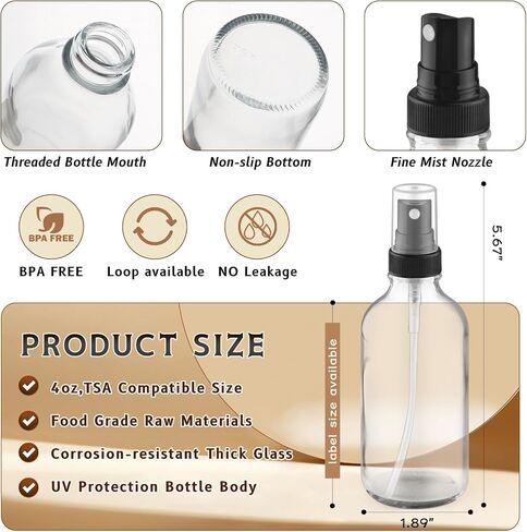 12-Pack 4 Oz Clear Glass Spray Bottles with Lids,Empty Refillable Perfume Fine Mist Atomizer,Leak-Proof Travel Liquid Holder Containers for Cologne,Essential Oils,Room Sprays,Cleaning Solutions in Kuwait