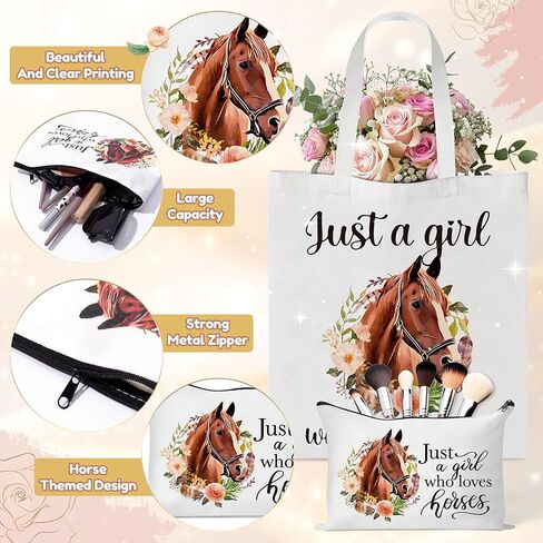 Y1tvei Horses Canvas Bag Gifts - 61Pcs Just A Girl Who Loves Horses Canvas Tote Bag Makeup Pouch, Thermos Cup Stockings Pink Bracelet Card Heart Necklace Stickers Keychain, Horse Lover Gifts for Girls in Kuwait