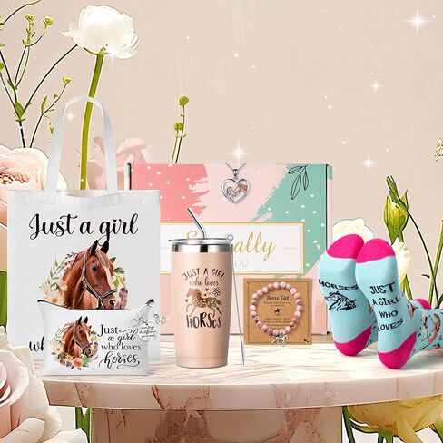 Y1tvei Horses Canvas Bag Gifts - 61Pcs Just A Girl Who Loves Horses Canvas Tote Bag Makeup Pouch, Thermos Cup Stockings Pink Bracelet Card Heart Necklace Stickers Keychain, Horse Lover Gifts for Girls in Kuwait