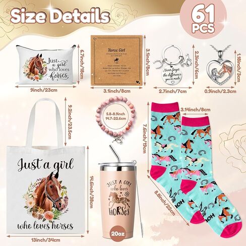 Y1tvei Horses Canvas Bag Gifts - 61Pcs Just A Girl Who Loves Horses Canvas Tote Bag Makeup Pouch, Thermos Cup Stockings Pink Bracelet Card Heart Necklace Stickers Keychain, Horse Lover Gifts for Girls in Kuwait