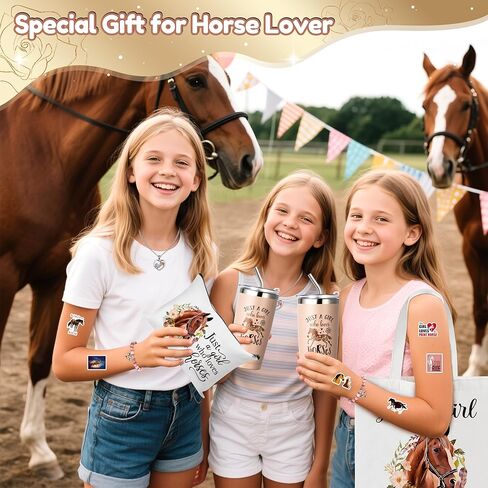 Y1tvei Horses Canvas Bag Gifts - 61Pcs Just A Girl Who Loves Horses Canvas Tote Bag Makeup Pouch, Thermos Cup Stockings Pink Bracelet Card Heart Necklace Stickers Keychain, Horse Lover Gifts for Girls in Kuwait