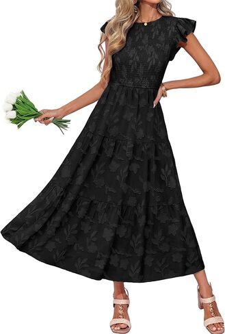 Women's 2026 Summer Boho Floral Midi Dress Casual Flutter Short Sleeve Smocked Flowy Long Dress in Saudi Arabia