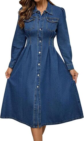 Sexyshine Women's Full Button Down Denim Long Dress Long Sleeve Ruched High Waist Lapel Collar Jean Dress with Pockets in Saudi Arabia