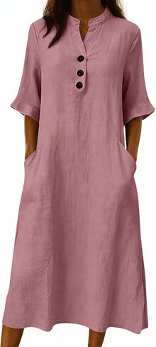 Women Cotton Dresses Trendy V Neck Button Down 3/4 Length Sleeve Summer Dresses Gauze Midi Dress with Pockets in Saudi Arabia