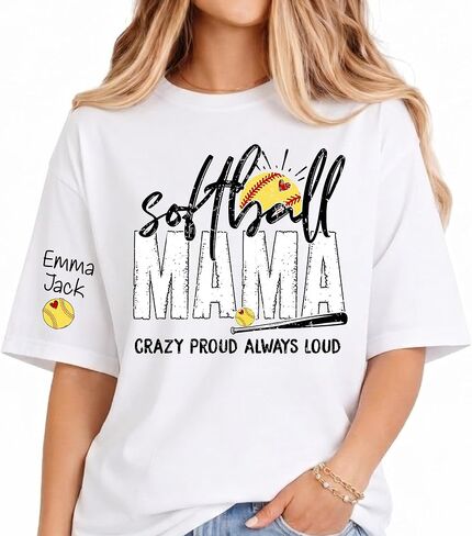 Personalized Softball Nickname T-Shirt, Custom Kidnames on Sleeves, Proud Softball Mama Shirt, Gift for Nana, Mom in Kuwait