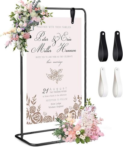 Wedding Welcome Sign Stand, Gold Welcome to Our Wedding Hanging Sign Easel Stand, Metal Easel Display Stand Sign Holder Seating Chart Display with Leather Sign Straps for Party, Birthday in Kuwait