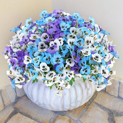 SITUMEIZI 12 Bundles Artificial Flowers Outdoor Pansy Fake Flower Plastic UV Resistant Faux Plants for Home Garden Porch Yard Patio Window Farmhouse Outside Summer Decor(Blue,Purple,White) in Kuwait