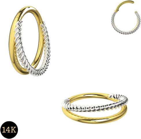 14K Solid Yellow Gold and White Gold Two Tone Double Stack 18 Gauge Clicker Hinged Segment Nose Ring - Cartilage - Daith - Rook - Lobe - Conch Piercing Body Jewelry in Saudi Arabia