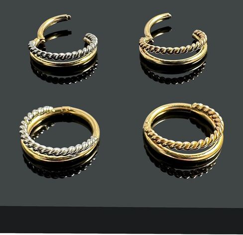 14K Solid Yellow Gold and White Gold Two Tone Double Stack 18 Gauge Clicker Hinged Segment Nose Ring - Cartilage - Daith - Rook - Lobe - Conch Piercing Body Jewelry in Saudi Arabia