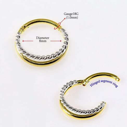 14K Solid Yellow Gold and White Gold Two Tone Double Stack 18 Gauge Clicker Hinged Segment Nose Ring - Cartilage - Daith - Rook - Lobe - Conch Piercing Body Jewelry in Saudi Arabia