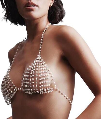 Multi-layered Beaded Tassel Chest Chain for Women Sexy Bikini Pearl Bra Chain Wedding Festival Outfit Pearl Lingerie Chain Body Jewelry in Kuwait