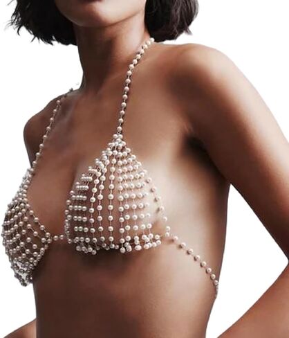 Multi-layered Beaded Tassel Chest Chain for Women Sexy Bikini Pearl Bra Chain Wedding Festival Outfit Pearl Lingerie Chain Body Jewelry in Kuwait