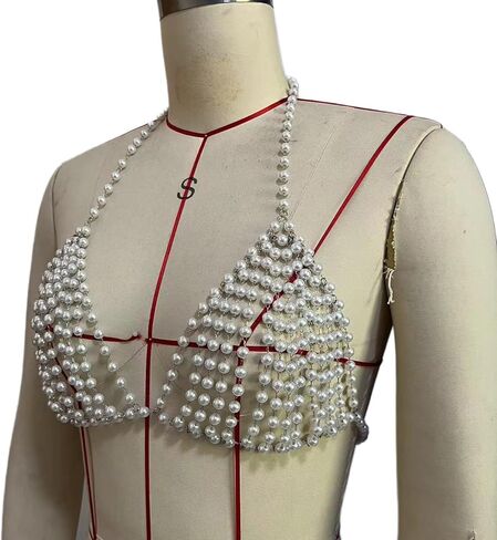 Multi-layered Beaded Tassel Chest Chain for Women Sexy Bikini Pearl Bra Chain Wedding Festival Outfit Pearl Lingerie Chain Body Jewelry in Kuwait