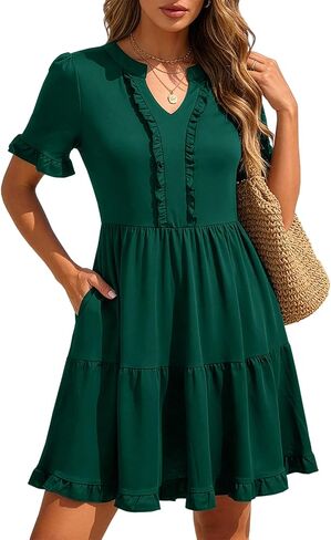 Berydress Womens Summer Dresses with Pockets 2026 Short Sleeve V Neck Casual Tiered Ruffle Babydoll Flowy Mini Sun Dress in Kuwait