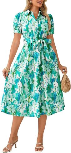GRACE KARIN Womens Cotton Summer Boho Midi Dresses 2026 Puff Sleeve Shirt Dress Flowy Floral Wedding Guest Dress with Pocket in Saudi Arabia