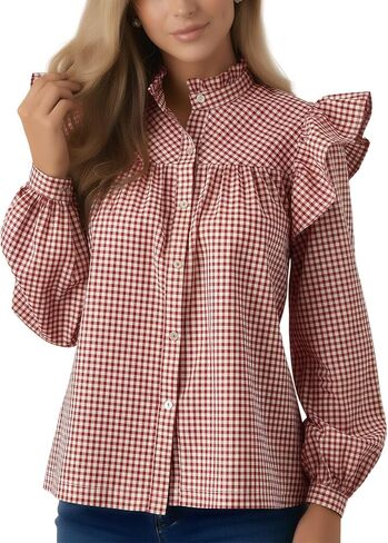 Plaid Shirts for Women Ruffle Button Down Shirts Puff Long Sleeves Blouses Collared Casual Tops in Kuwait