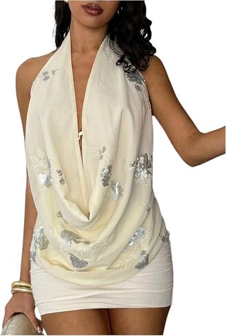 MakeMeChic Women's Floral Sequin Halter Top Draped Sleeveless Summer Elegant Party Tops in Saudi Arabia