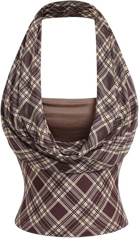 OYOANGLE Women's Halter Y2k Tank Tops Ruched Backless Sexy Going Out Plaid Crop Top in Saudi Arabia