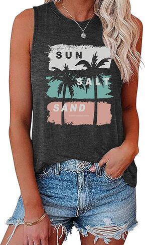 تي شيرت نسائي صيفي من YITAN بدون أكمام بتصميم Sun Sand Beach بدون أكمام in Kuwait