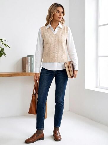 Women Sleeveless Knit V Neck Sweater Vest Cable Texture Pullover Knit Top Casual Layering Vest Solid Color Knit Design in Saudi Arabia