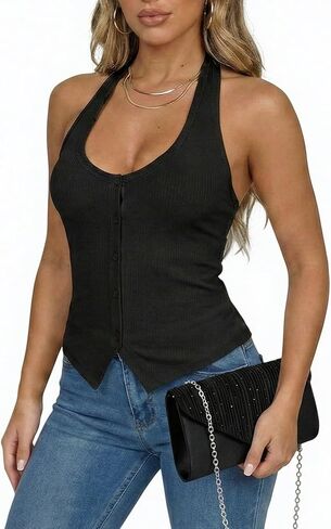 أعلى الرقبة الرسن للنساء مضلع عارية الذراعين قميص مثير الخروج قمم، Y2K زر يصل تانك الأعلى تاريخ النادي الليلي الحزب in Kuwait