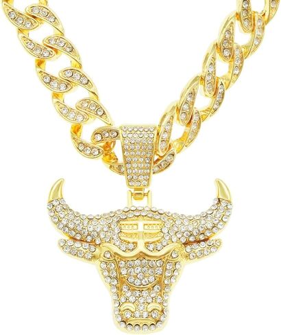 الرجال الهيب هوب حجر الراين الثور رئيس قلادة قلادة روك مغني الراب المجوهرات، القوطية الشرير الصخرة مثلج خارج الذهب الثور رئيس الكوبي سلسلة الارتباط للرجال in Kuwait