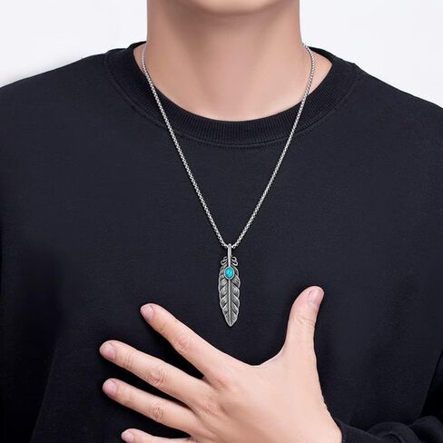 Feather Turquoise Necklace For Men Titanium Steel Steel Vintage Punk Gothic Boho Long Feather Necklace For Women in Saudi Arabia
